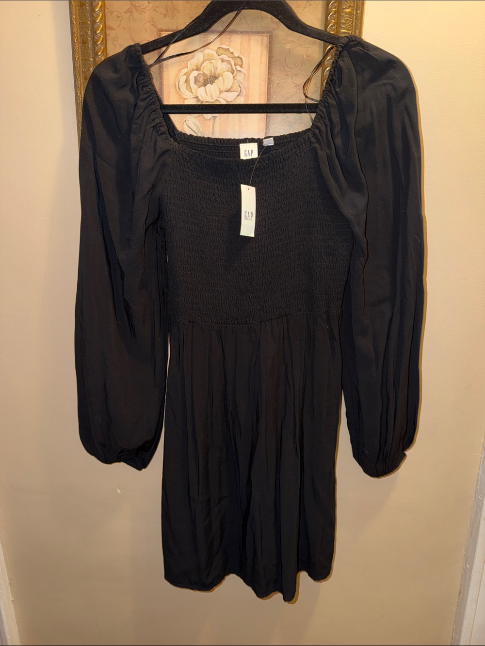 GAP Black Smocked Square-Neck Mini Dress with Puff Sleeves